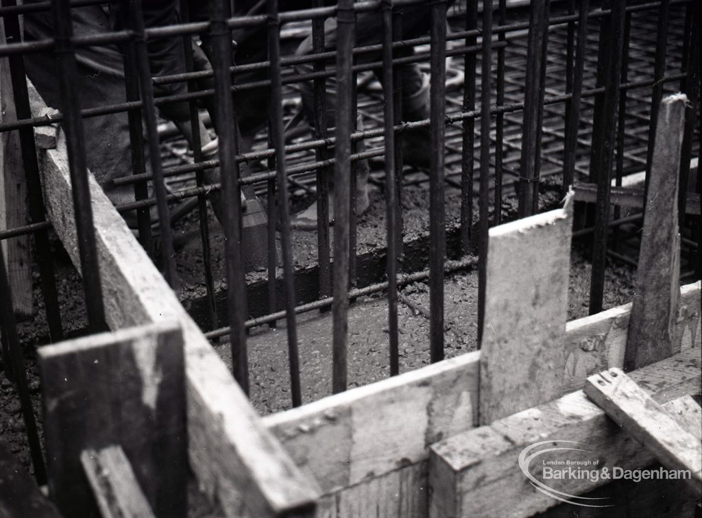 Dagenham Sewage Works Reconstruction IV, looking down into dam, showing concrete shuttering,1965