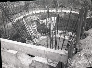 Dagenham Sewage Works Reconstruction IV, looking down into dam, showing steel rods for hopper,1965