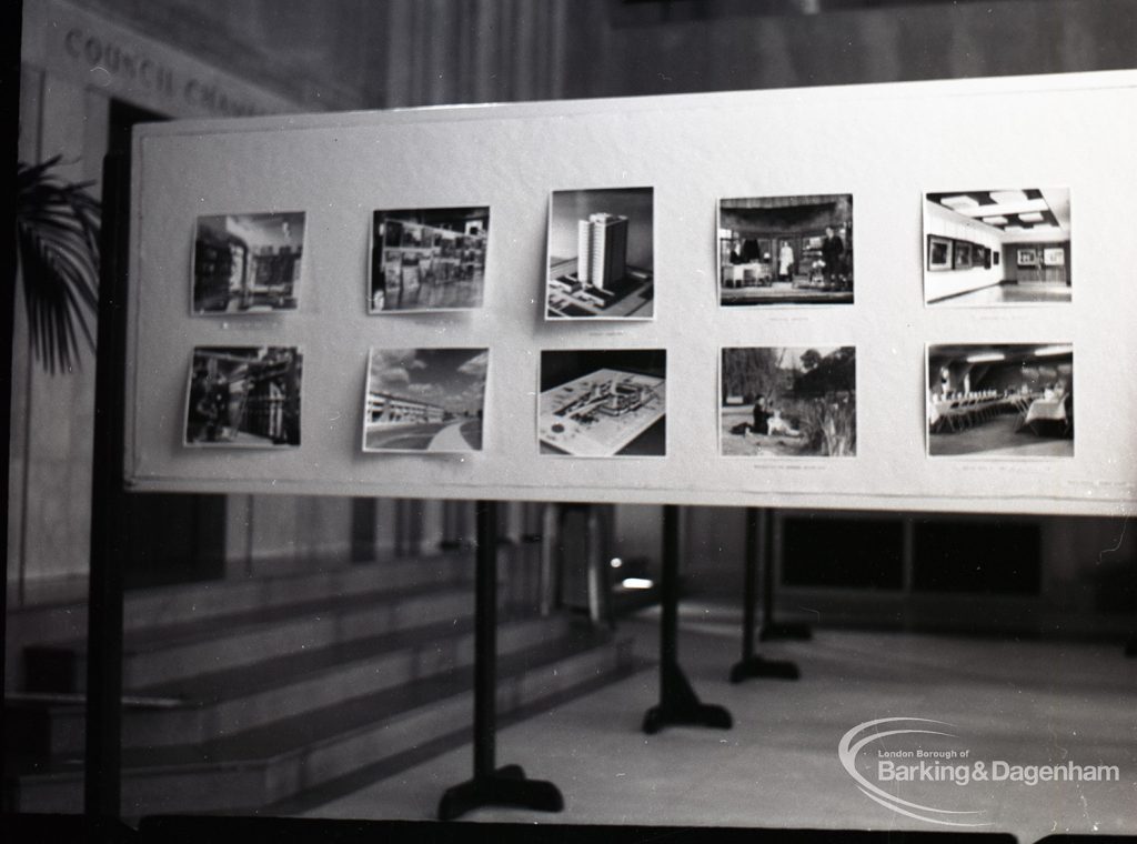 Dagenham from 1905? exhibition at Civic Centre, Dagenham, showing stand featuring Housing, 1965