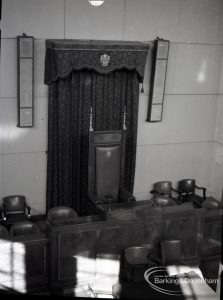Dagenham from 1905? exhibition at Civic Centre, Dagenham, showing the Council Chamber and Mayor’s chair, 1965