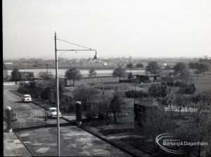 Dagenham from 1905? exhibition at Civic Centre, Dagenham, showing the view from Civic Centre along rear service road, looking north-east, 1965