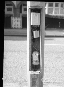 Dagenham street lighting, showing timer workings in pillar, off Longbridge Road, 1965