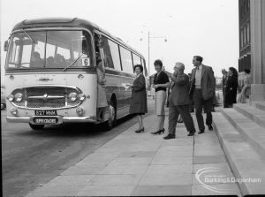 Dagenham Old People’s Welfare, showing coach leaving Civic Centre for holidays, 1965