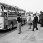 Dagenham Old People’s Welfare, showing coach leaving Civic Centre for holidays, with officials seeing party off, 1965
