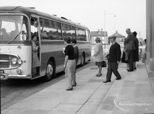 Dagenham Old People’s Welfare, showing coach leaving Civic Centre for holidays, with officials seeing party off, 1965