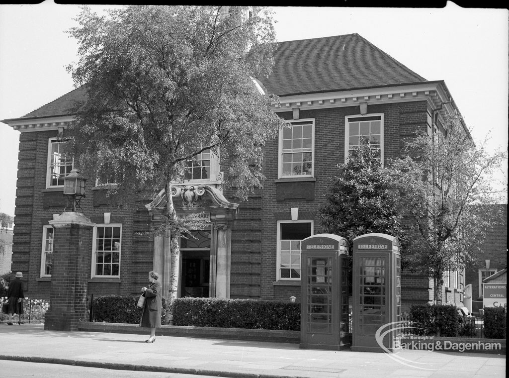 Barking Central Library reconstruction, showing front entrance, 1965