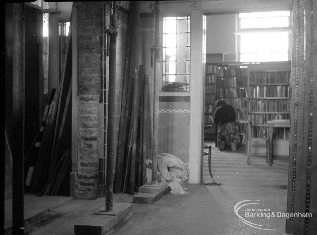 Barking Central Library reconstruction, showing view across corridor into Lending Department, 1965