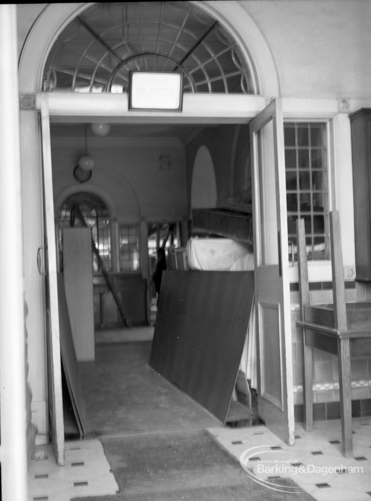 Barking Central Library reconstruction, showing main entrance door, 1965