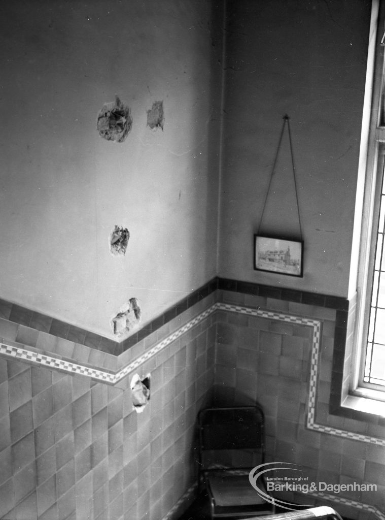 Barking Central Library reconstruction, showing holes in staircase walls for new doorway, 1965