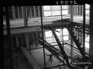 Barking Central Library reconstruction, showing skeleton of new staircase, 1965