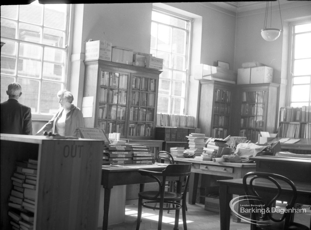 Barking Central Library reconstruction, showing view across Reference Department to temporary Lending Department, 1965