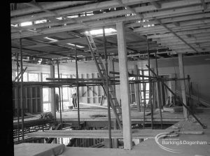 Barking Central Library reconstruction, showing left side of the intermediate floor and stairwell,1965