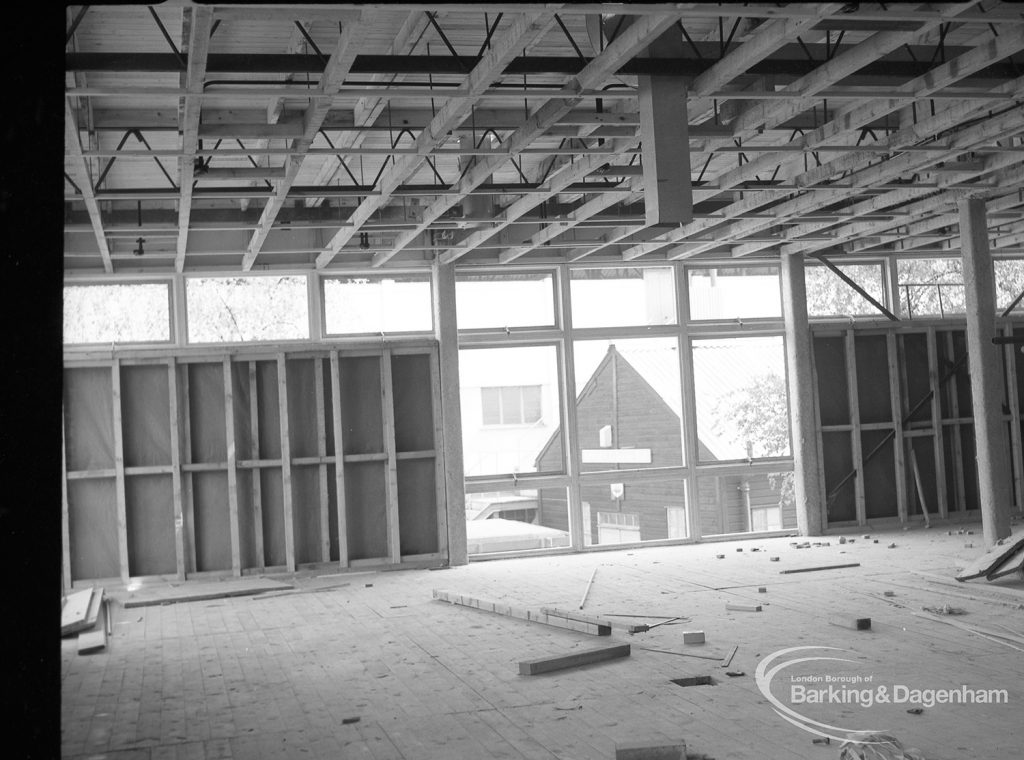 Barking Central Library reconstruction, showing upper floor, partly clad, 1965