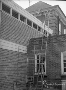 Barking Central Library reconstruction, showing exterior view of junction of old Children’s Library and new building, 1965