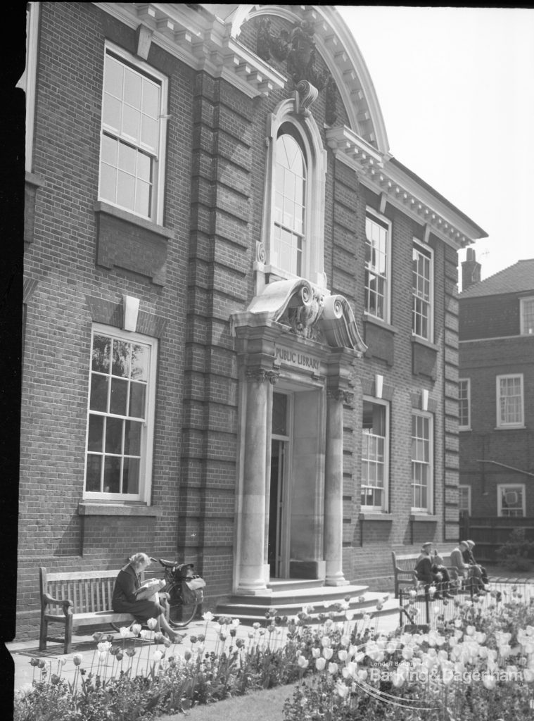 Barking Central Library reconstruction, showing facade of old building, from south-west, 1965