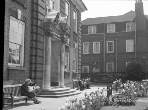 Barking Central Library reconstruction, showing front of old building and courtyard, from west, 1965