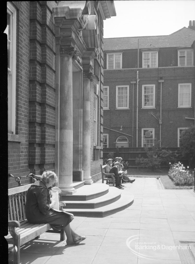 Barking Central Library reconstruction, showing entrance to old building, from west, 1965