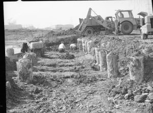 Riverside Sewage Works Reconstruction V, showing area partly drilled with holes for concrete filling, 1965