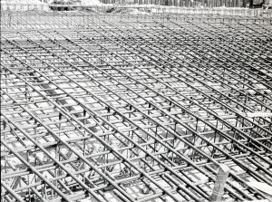 Riverside Sewage Works Reconstruction V, showing grid of steel rods forming ring around hopper, 1965