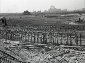 Riverside Sewage Works Reconstruction V, showing view of concentric circles of steel rods surrounding hopper, 1965