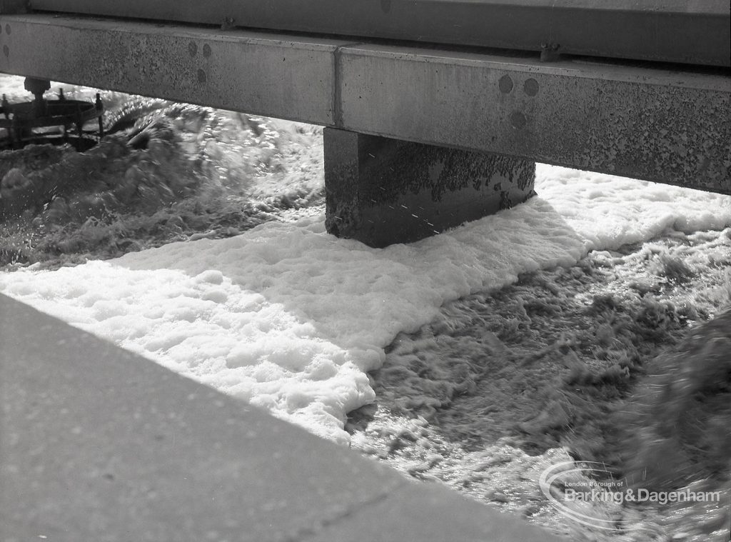 Riverside Sewage Works Reconstruction V, showing sludge from under footbridge, 1965