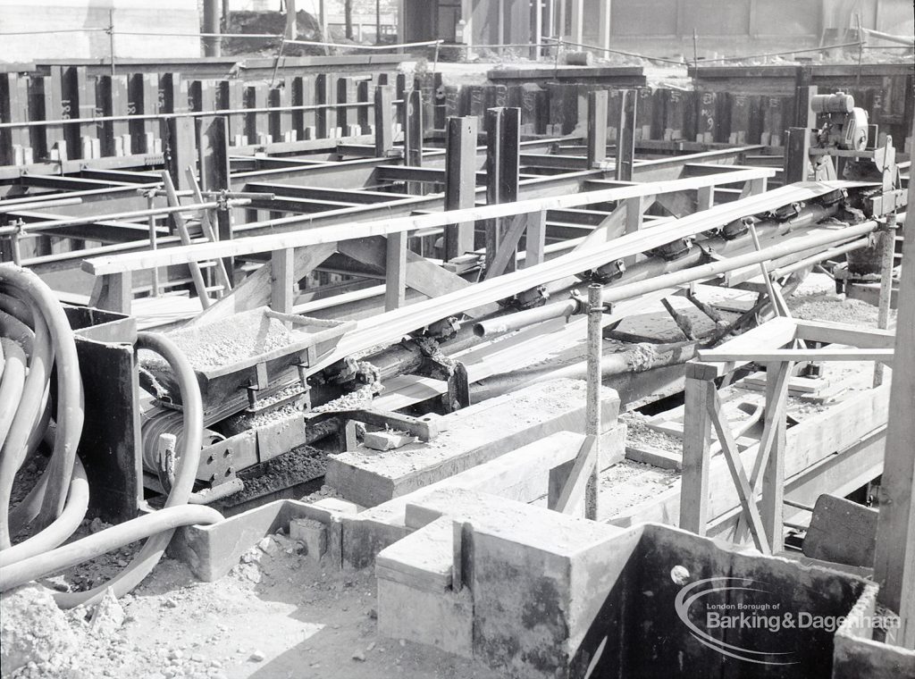 Riverside Sewage Works Reconstruction V, showing the belt feeding into drain, 1965