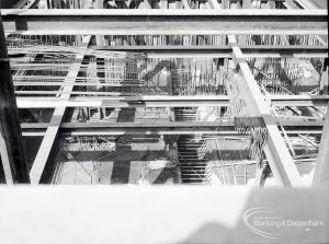 Riverside Sewage Works Reconstruction V, showing the steel frame of drain, looking above and down, 1965