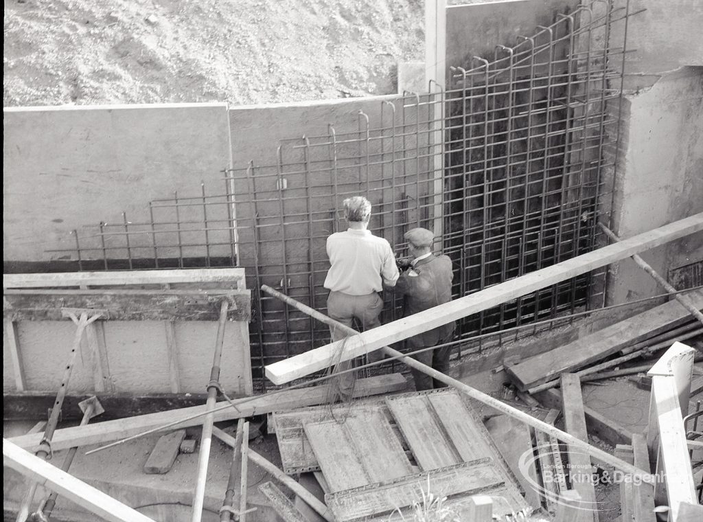 Riverside Sewage Works Reconstruction V, showing construction of reinforcement at west end of tunnel, 1965