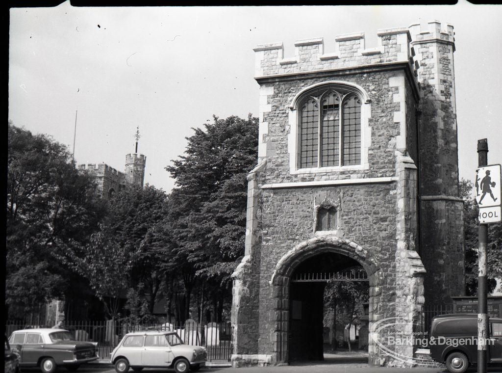 Old Barking, taken for ‘Barking Record’, showing Curfew Tower, with cars parked to north of Tower, 1965