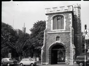 Old Barking, taken for ‘Barking Record’, showing Curfew Tower, with cars parked to north of Tower, 1965