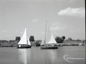 Boating at Mayesbrook Park, Dagenham, showing two sailing yachts, 1965