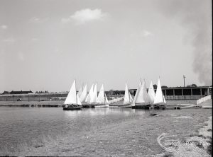 Boating at Mayesbrook Park, Dagenham, showing distance view of landing stage and yachts, 1965