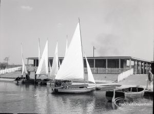 Boating at Mayesbrook Park, Dagenham, showing view of landing stage and moored yachts, 1965