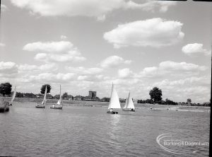 Boating at Mayesbrook Park, Dagenham, showing five yachts sailing, 1965