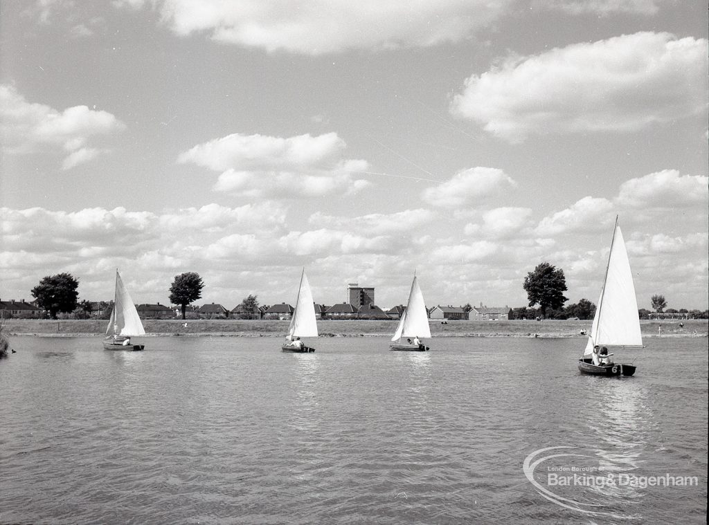 Boating at Mayesbrook Park, Dagenham, showing four yachts sailing, 1965