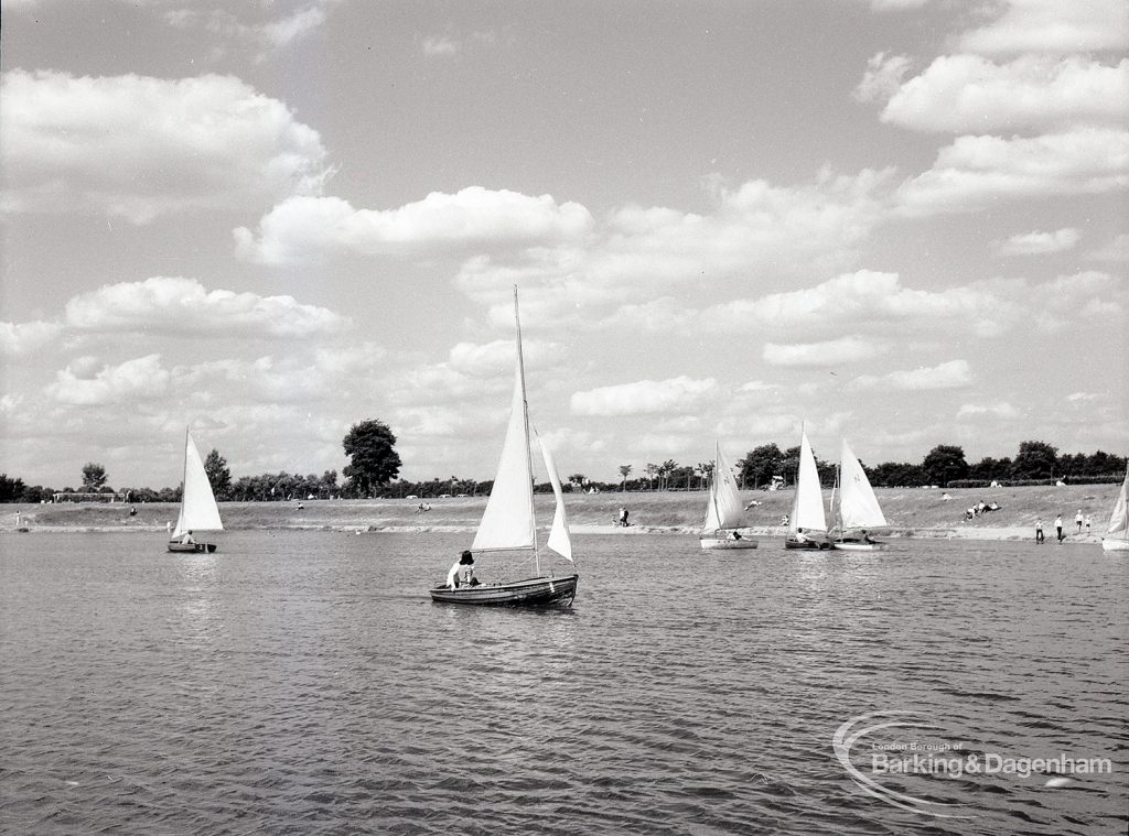 Boating at Mayesbrook Park, Dagenham, showing six yachts sailing, 1965