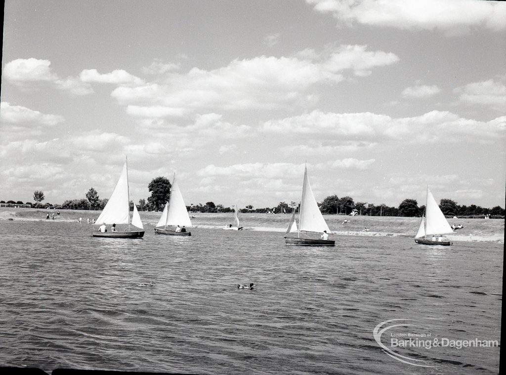 Boating at Mayesbrook Park, Dagenham, showing four yachts sailing, 1965