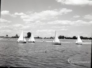 Boating at Mayesbrook Park, Dagenham, showing four yachts sailing, 1965