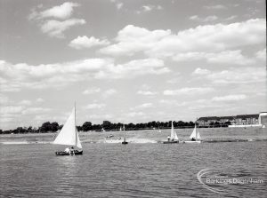 Boating at Mayesbrook Park, Dagenham, showing three yachts sailing, 1965
