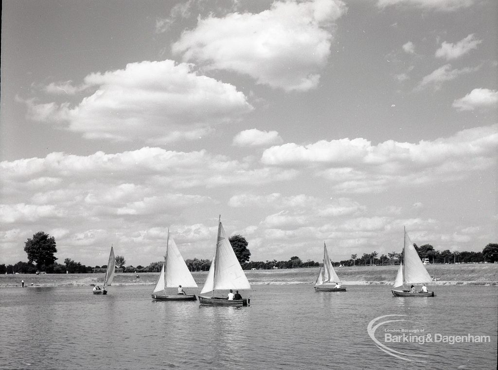 Boating at Mayesbrook Park, Dagenham, showing yachts sailing and heavy cloud in sky, 1965