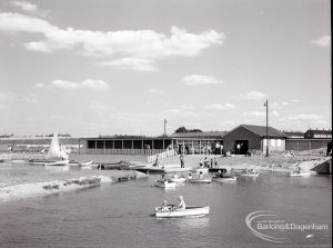 Boating at Mayesbrook Park, Dagenham, showing the small pond for children, and office, 1965