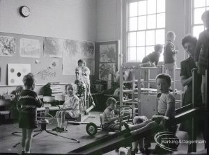 Schools for disabled children, showing a junior classroom with teacher and children at Castle School, Ripple Road, 1965