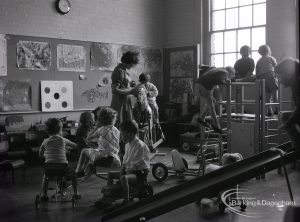 Schools for disabled children, showing a junior classroom with teacher and children at Castle School, Ripple Road, 1965