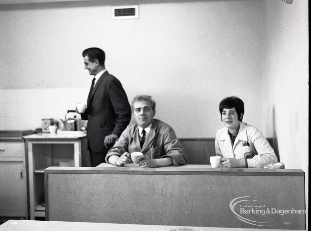Health education, showing Inspector in canteen with two members of staff at Wallis Supermarket, Rush Green, 1965