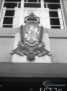 Civic Centre, Dagenham, showing Coat of Arms above entrance, 1965
