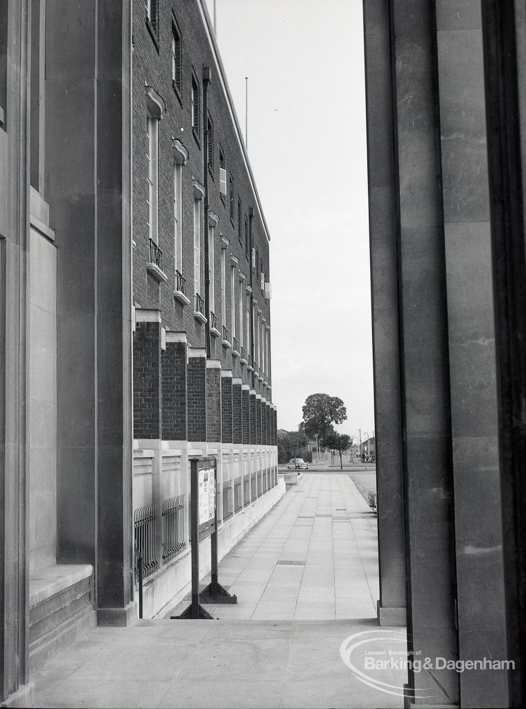 Civic Centre, Dagenham, showing view along facade looking south from steps, 1965