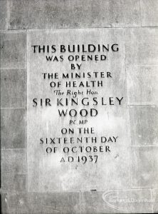 Civic Centre, Dagenham, showing stone commemorating the opening of the building on 16th October 1937 by Sir Kingsley Wood, Minister of Health, 1965