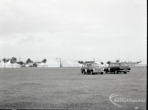 Dagenham Town Show 1965, showing security vans on the grass and the marquee, 1965