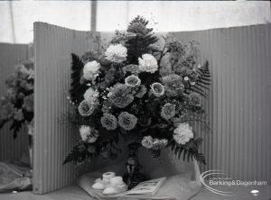 Dagenham Town Show 1965, showing flower arrangement of carnations in Floral Art Marquee, 1965