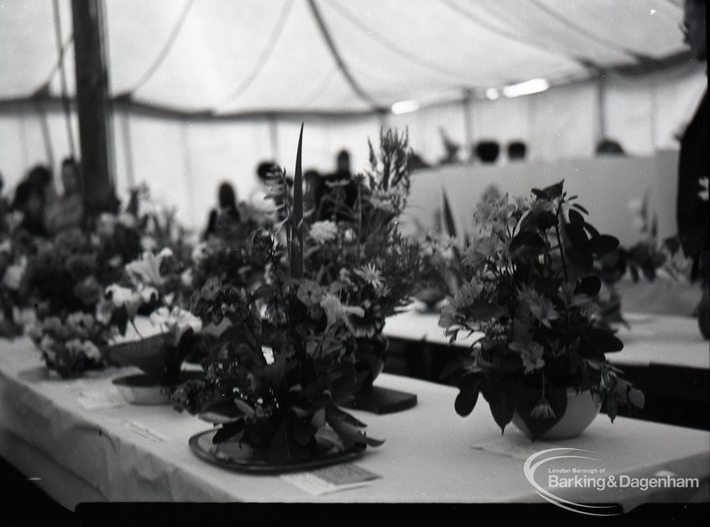 Dagenham Town Show 1965, showing a table decorated with bowls of flowers in Floral Art Marquee, 1965